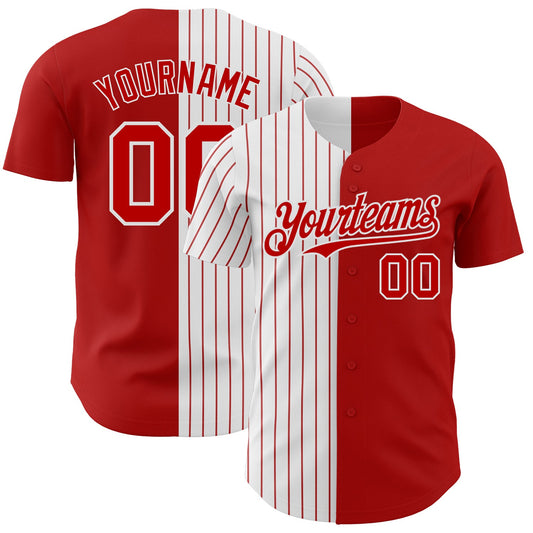 Custom Red White-Red Pinstripe Authentic Split Fashion Baseball Jersey - Main View