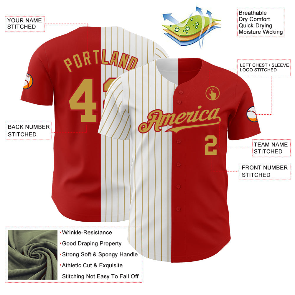 Custom Red White-Old Gold Pinstripe Authentic Split Fashion Baseball Jersey view 3