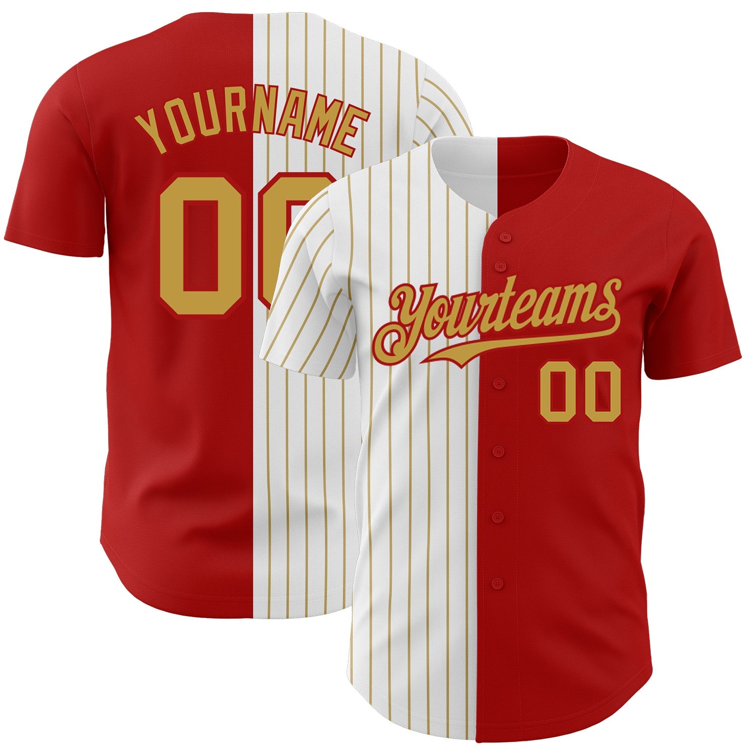 Custom Red White-Old Gold Pinstripe Authentic Split Fashion Baseball Jersey - Main View
