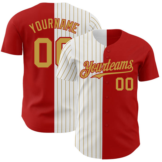 Custom Red White-Old Gold Pinstripe Authentic Split Fashion Baseball Jersey - Main View