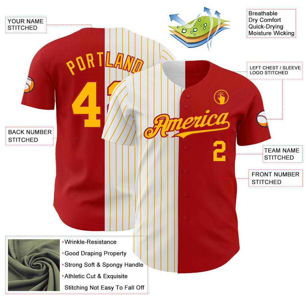 Custom Red White-Gold Pinstripe Authentic Split Fashion Baseball Jersey view 3