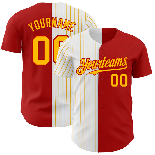 Custom Red White-Gold Pinstripe Authentic Split Fashion Baseball Jersey - Main View