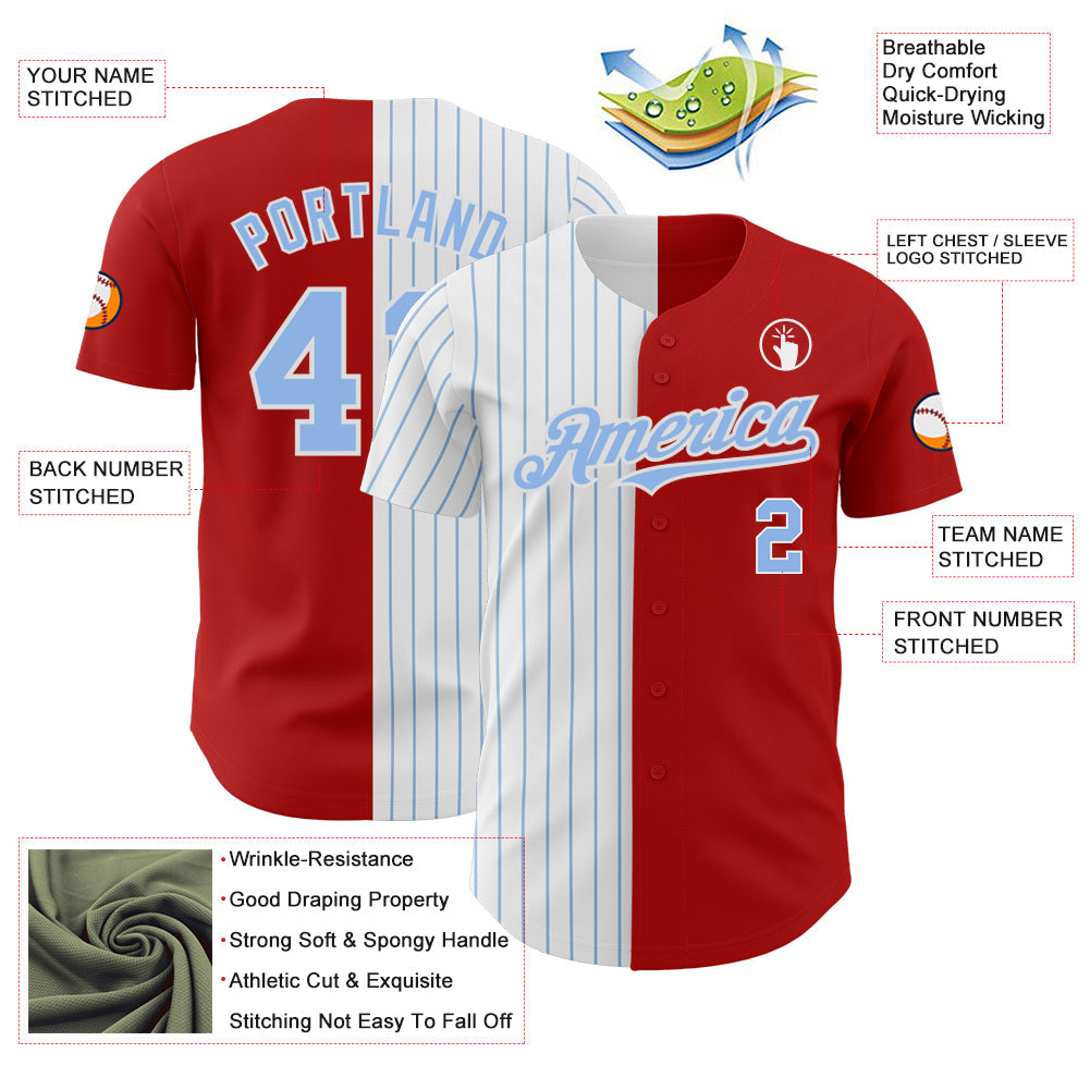 Custom Red White-Light Blue Pinstripe Authentic Split Fashion Baseball Jersey view 3