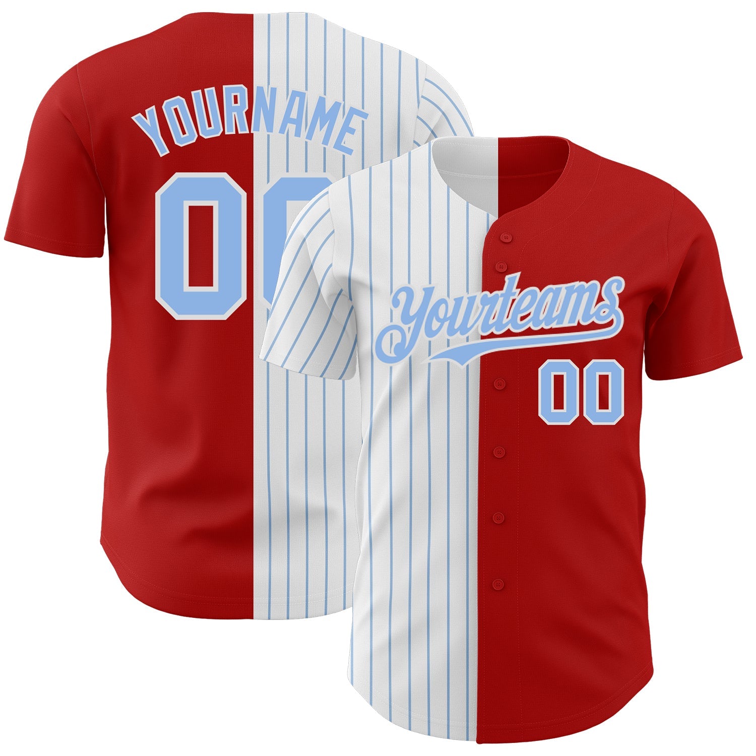 Custom Red White-Light Blue Pinstripe Authentic Split Fashion Baseball Jersey - Main View
