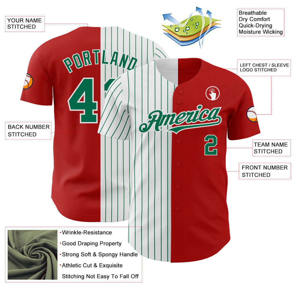 Custom Red White-Kelly Green Pinstripe Authentic Split Fashion Baseball Jersey view 3