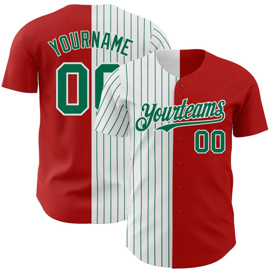 Custom Red White-Kelly Green Pinstripe Authentic Split Fashion Baseball Jersey - Main View
