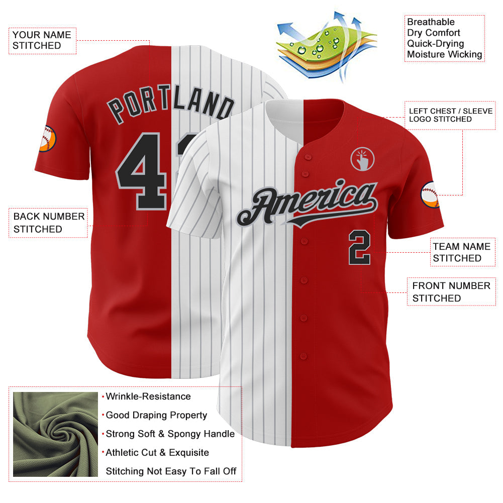 Custom Red Black-Gray Pinstripe Authentic Split Fashion Baseball Jersey view 3