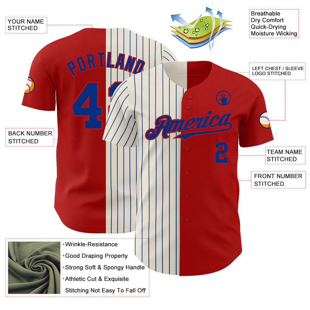 Custom Red Cream-Royal Pinstripe Authentic Split Fashion Baseball Jersey view 3