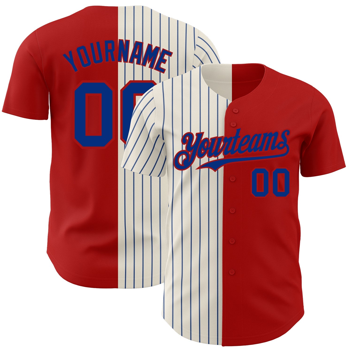 Custom Red Cream-Royal Pinstripe Authentic Split Fashion Baseball Jersey - Main View