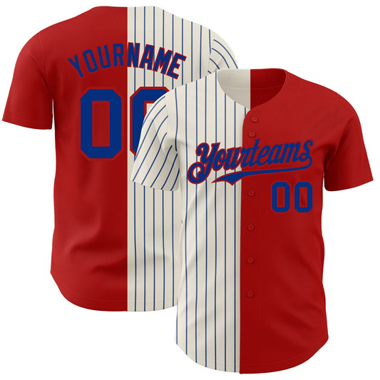 Custom Red Cream-Royal Pinstripe Authentic Split Fashion Baseball Jersey - Main View