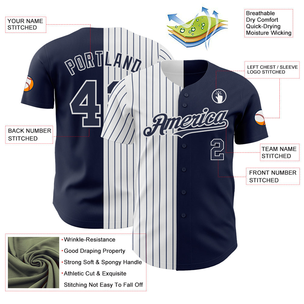 Custom Navy White-Navy Pinstripe Authentic Split Fashion Baseball Jersey view 3