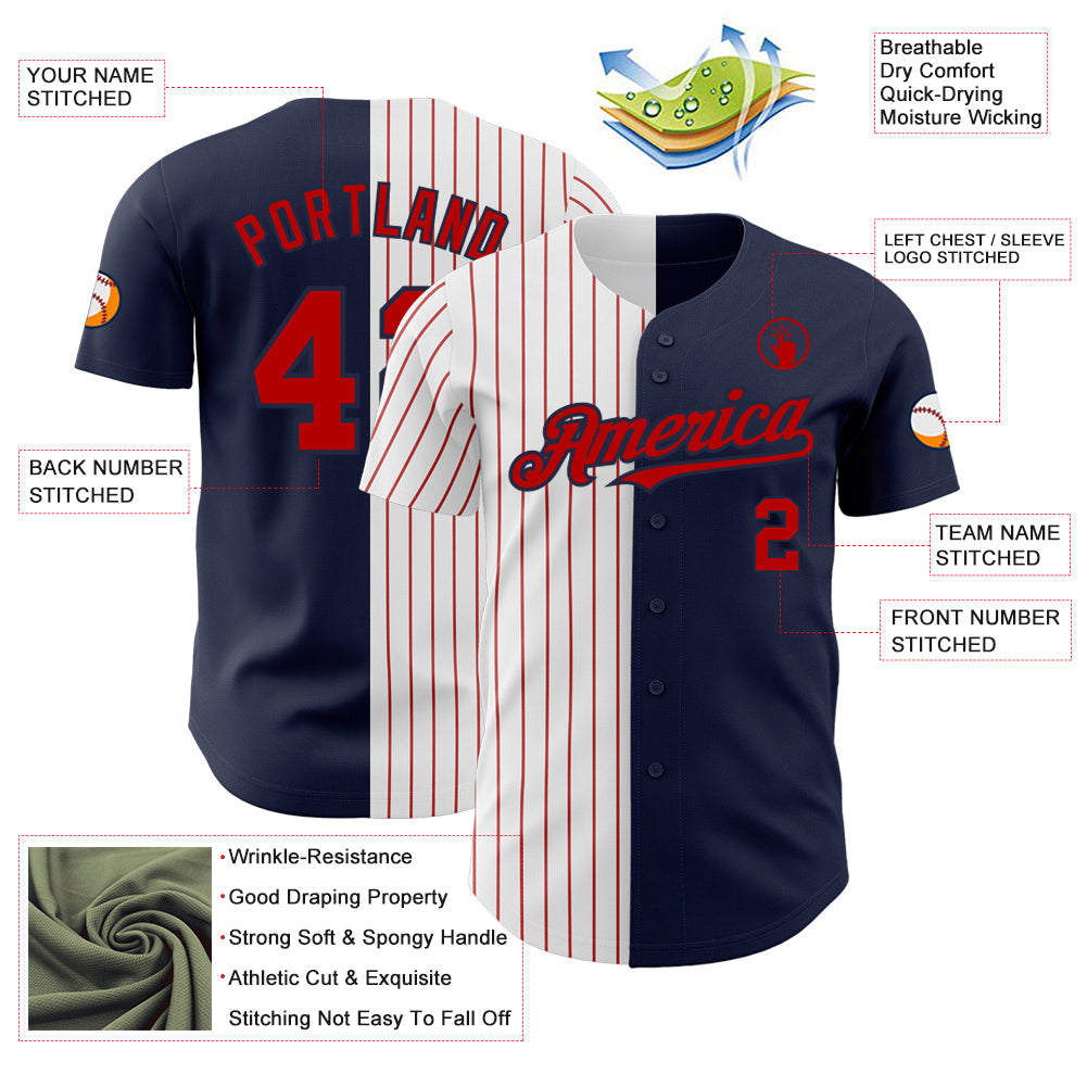 Custom Navy White-Red Pinstripe Authentic Split Fashion Baseball Jersey view 3