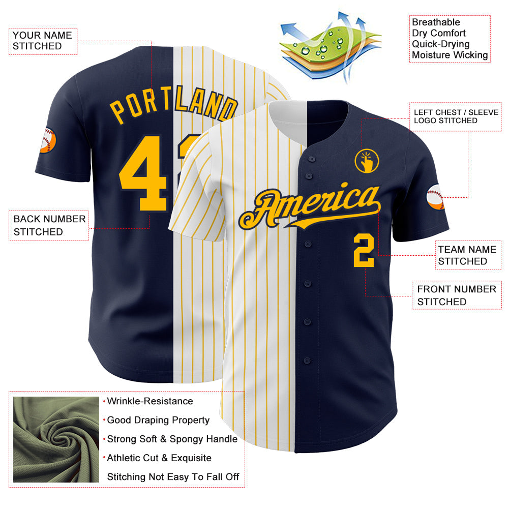 Custom Navy White-Gold Pinstripe Authentic Split Fashion Baseball Jersey view 3