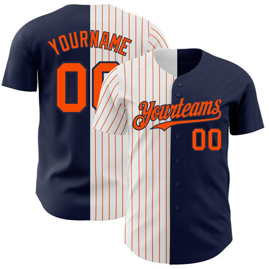 Custom Navy White-Orange Pinstripe Authentic Split Fashion Baseball Jersey - Main View