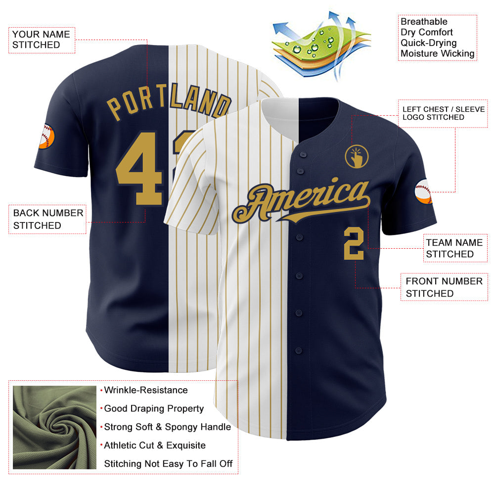 Custom Navy White-Old Gold Pinstripe Authentic Split Fashion Baseball Jersey view 3