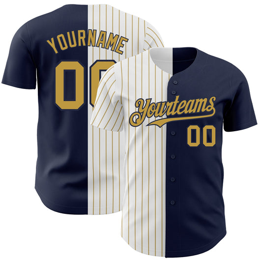 Custom Navy White-Old Gold Pinstripe Authentic Split Fashion Baseball Jersey - Main View