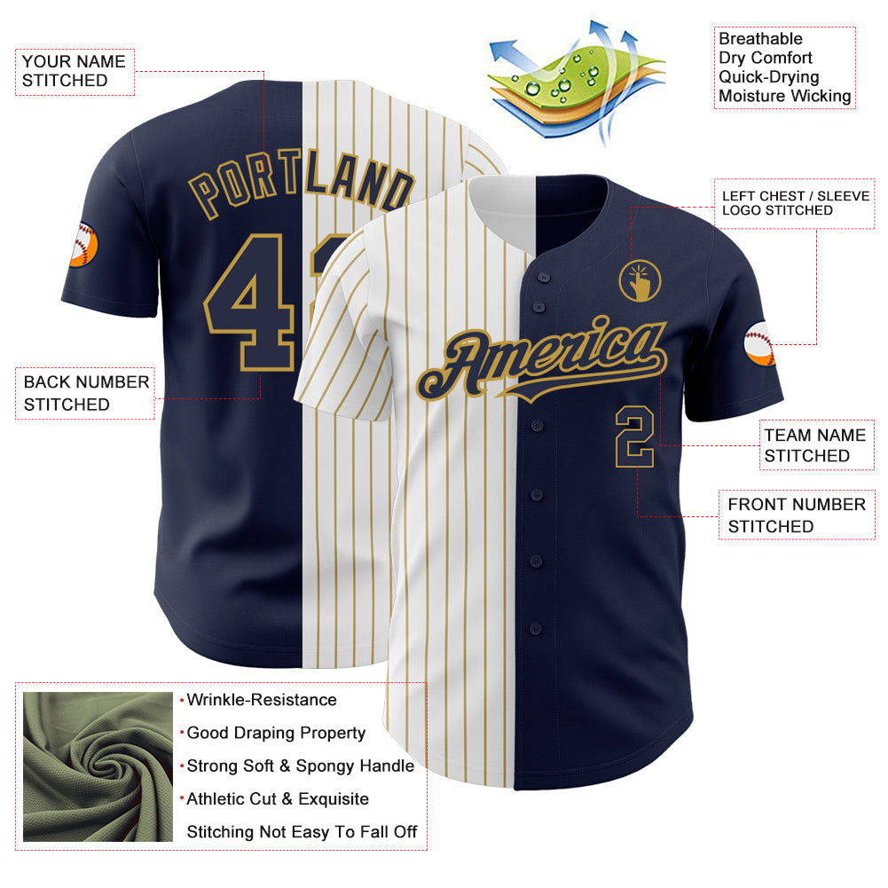 Custom Navy White-Old Gold Pinstripe Authentic Split Fashion Baseball Jersey view 3