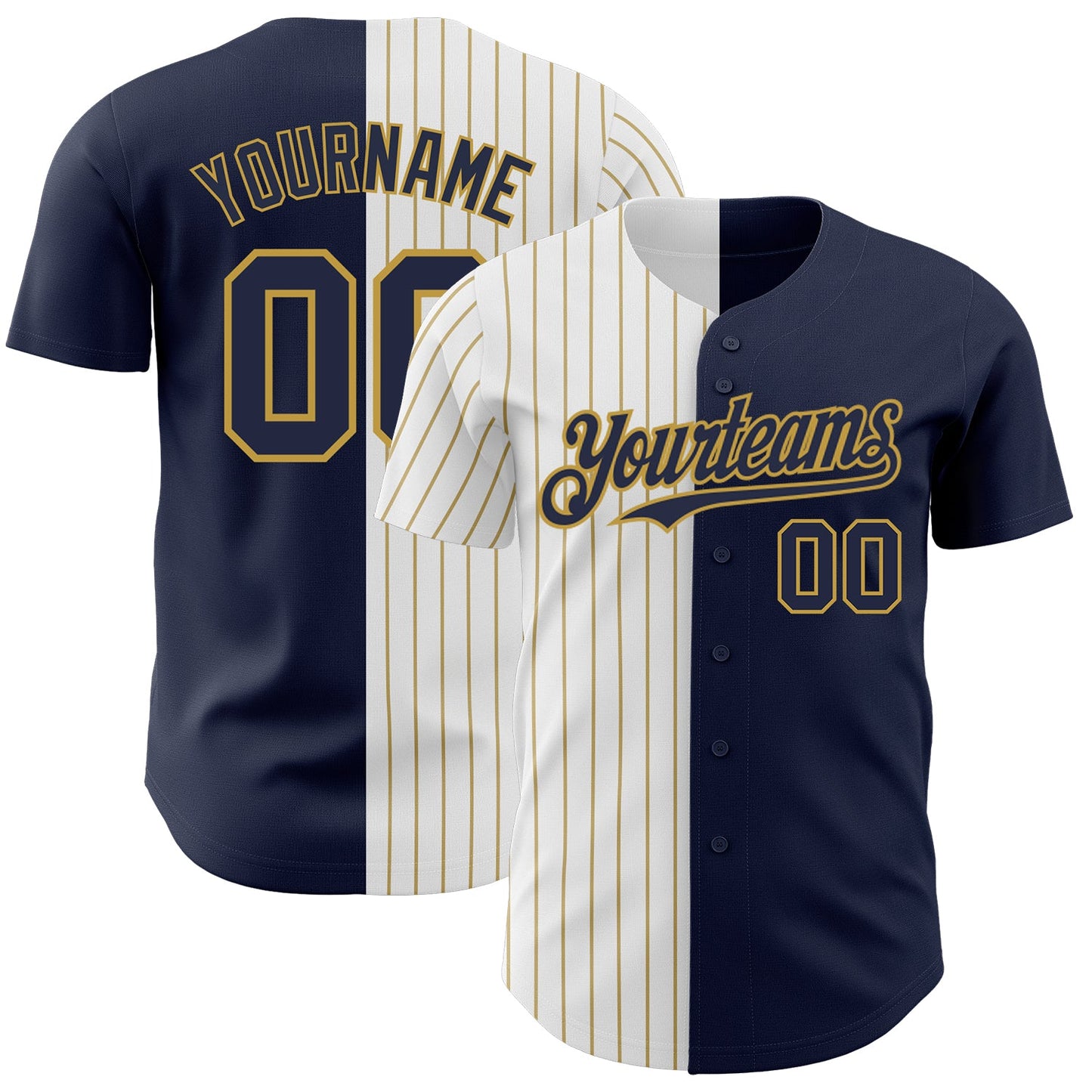 Custom Navy White-Old Gold Pinstripe Authentic Split Fashion Baseball Jersey - Main View