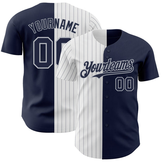 Custom Navy White-Gray Pinstripe Authentic Split Fashion Baseball Jersey - Main View