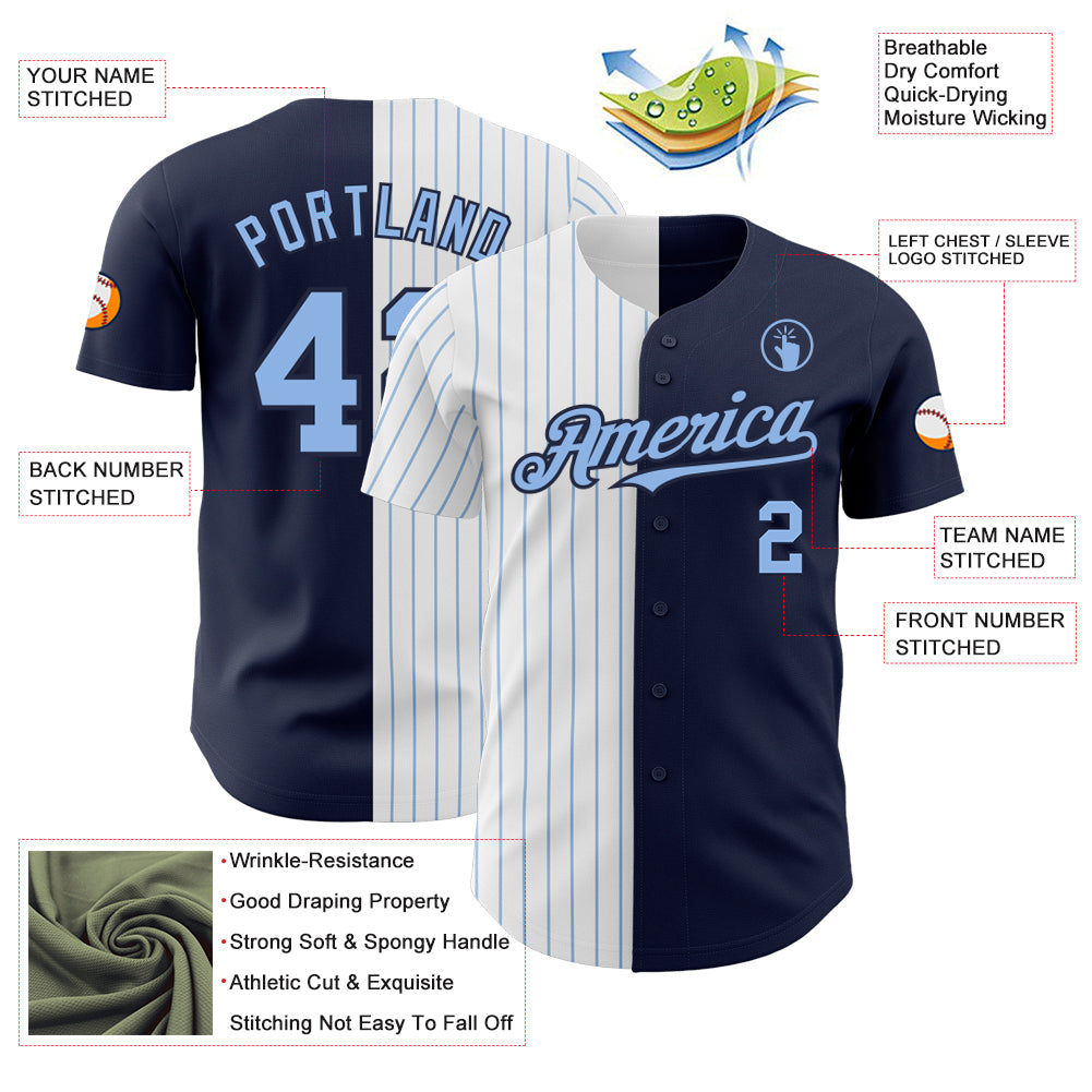 Custom Navy White-Light Blue Pinstripe Authentic Split Fashion Baseball Jersey view 3