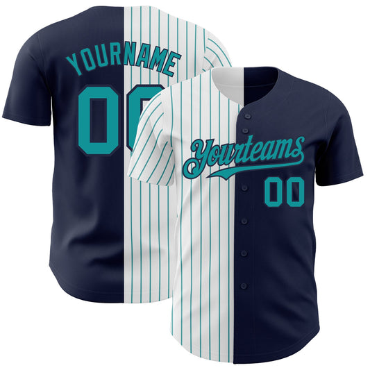 Custom Navy White-Teal Pinstripe Authentic Split Fashion Baseball Jersey - Main View