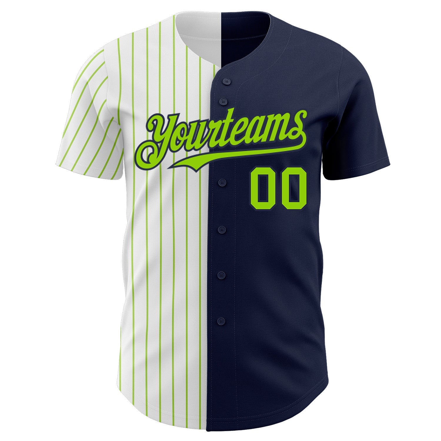 Custom Navy White-Neon Green Pinstripe Authentic Split Fashion Baseball Jersey view 2