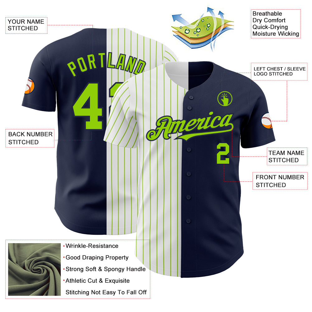 Custom Navy White-Neon Green Pinstripe Authentic Split Fashion Baseball Jersey view 3
