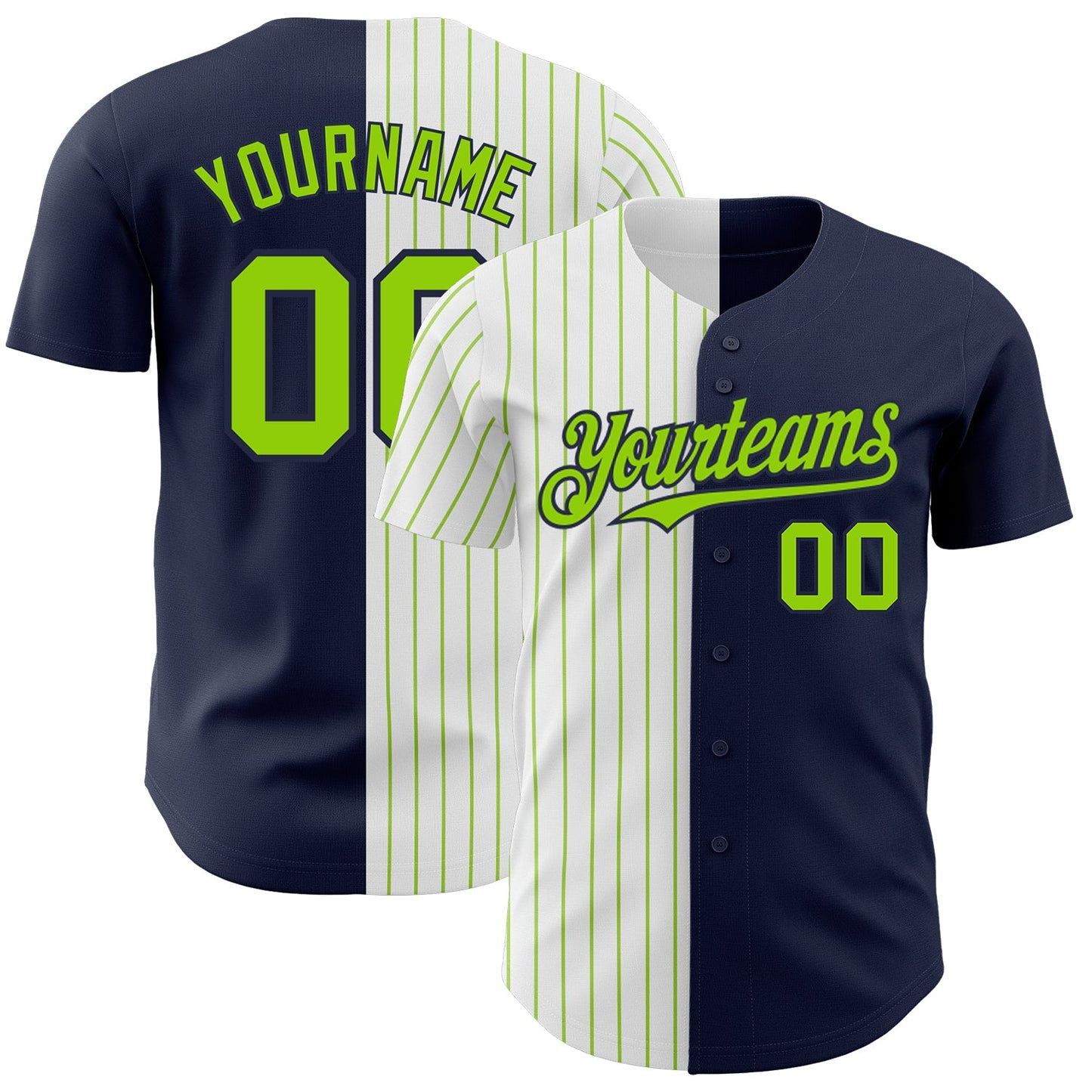Custom Navy White-Neon Green Pinstripe Authentic Split Fashion Baseball Jersey - Main View
