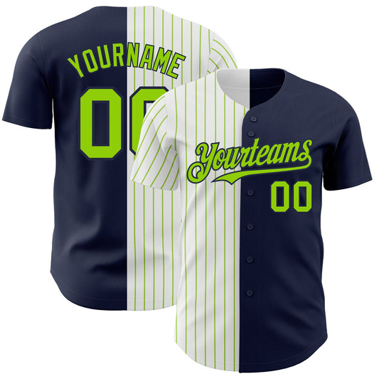 Custom Navy White-Neon Green Pinstripe Authentic Split Fashion Baseball Jersey - Main View