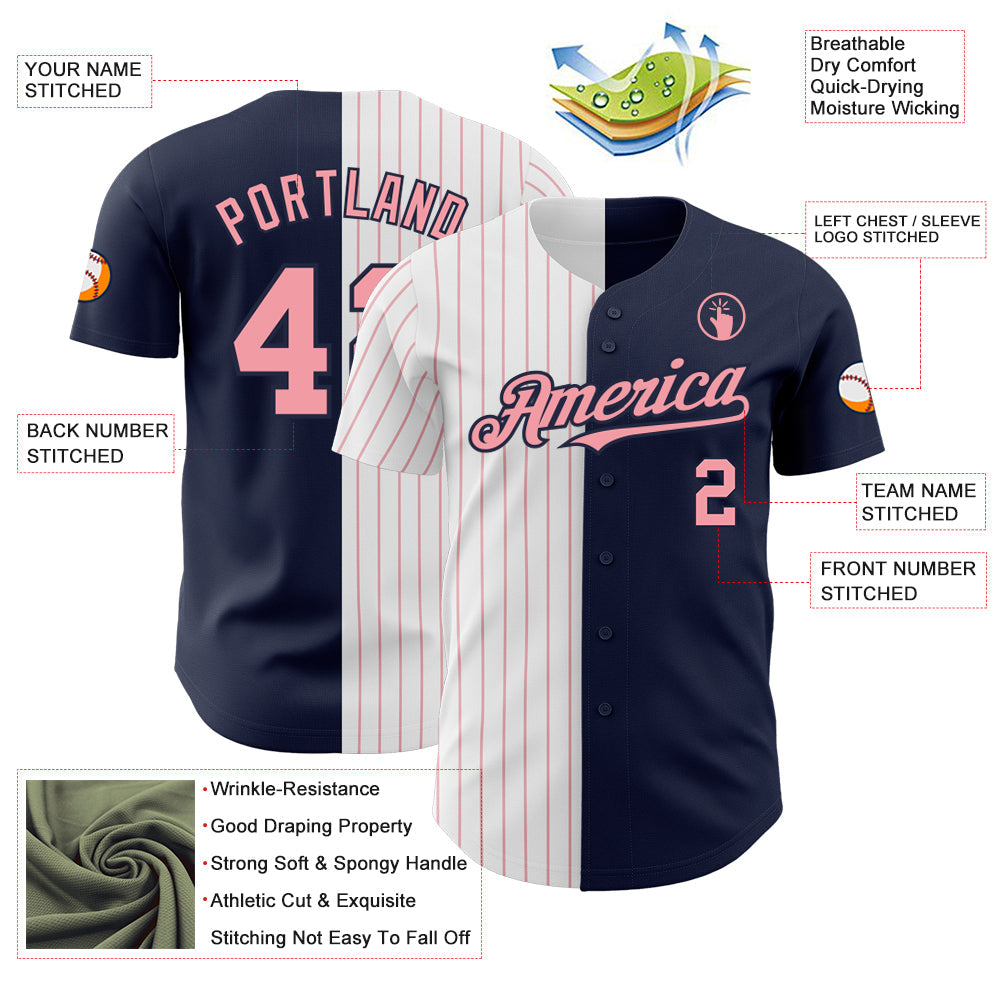 Custom Navy White-Medium Pink Pinstripe Authentic Split Fashion Baseball Jersey view 3