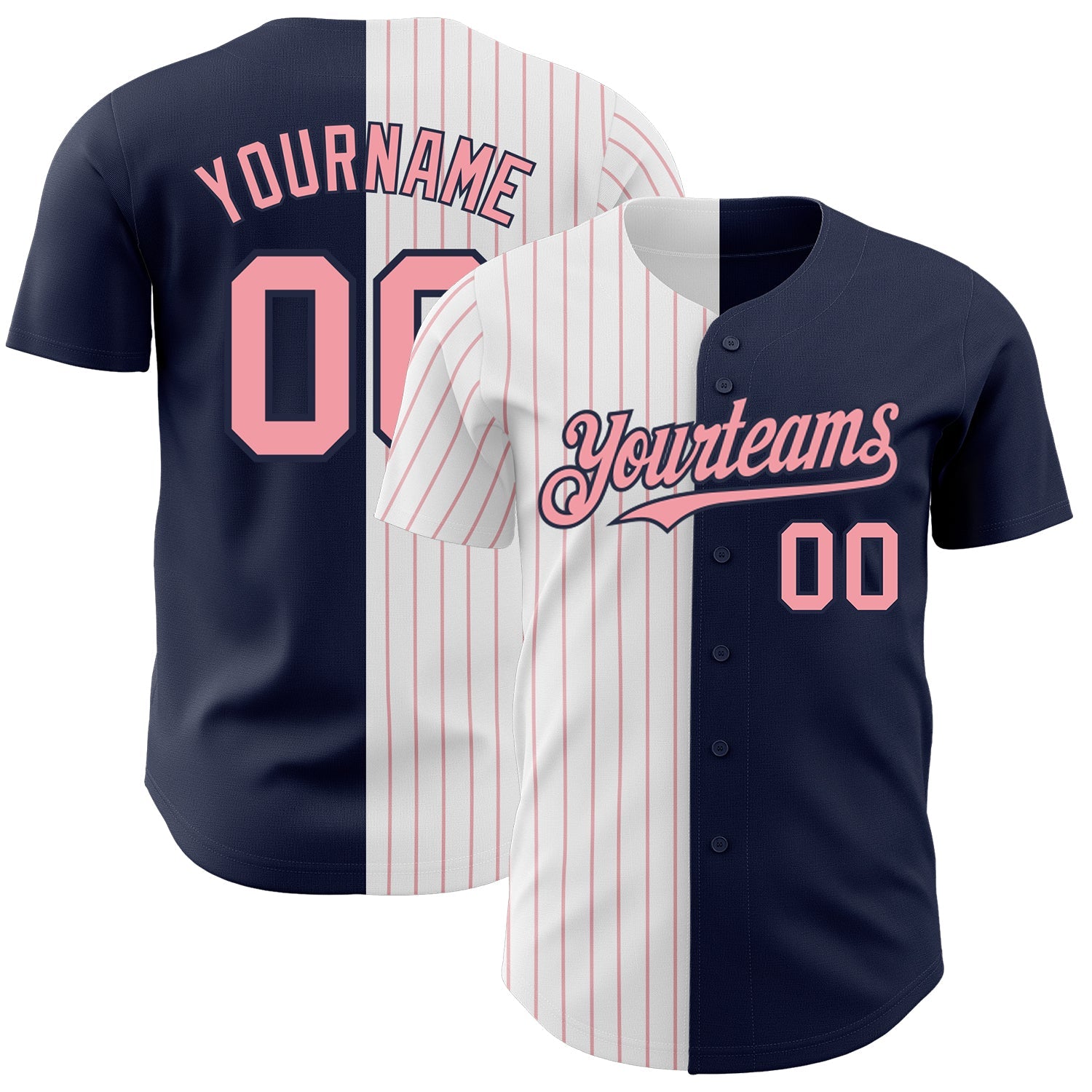 Custom Navy White-Medium Pink Pinstripe Authentic Split Fashion Baseball Jersey - Main View