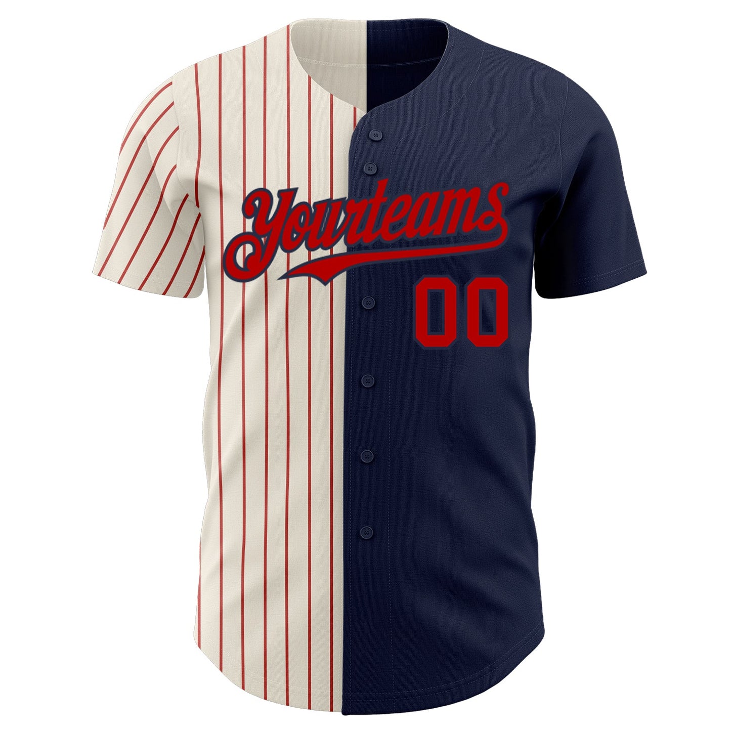 Custom Navy Cream-Red Pinstripe Authentic Split Fashion Baseball Jersey view 2
