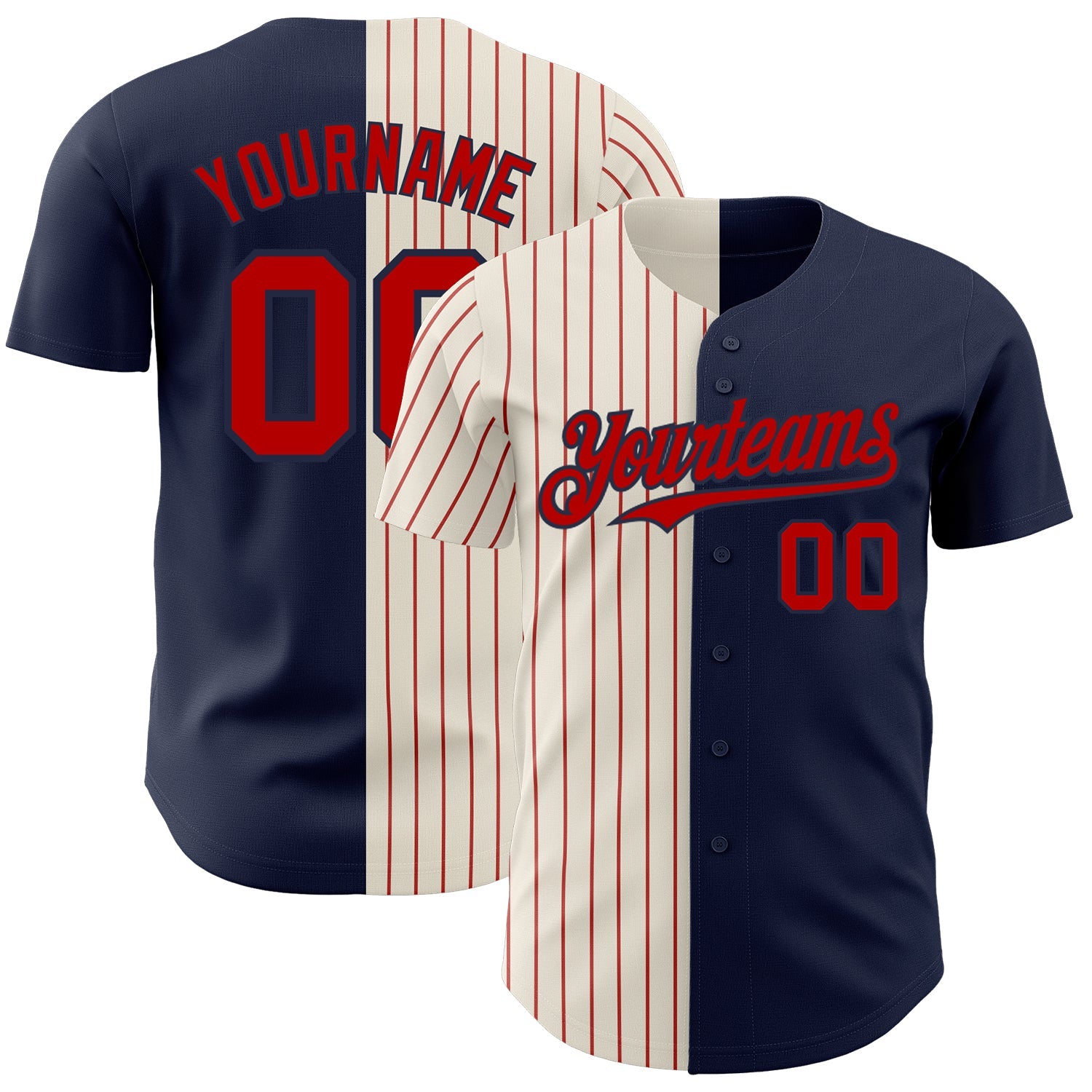 Custom Navy Cream-Red Pinstripe Authentic Split Fashion Baseball Jersey - Main View