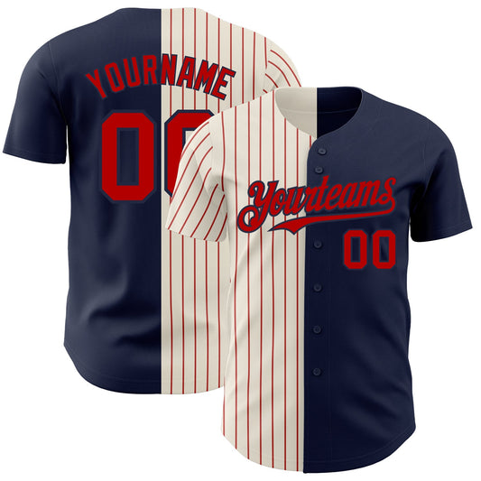 Custom Navy Cream-Red Pinstripe Authentic Split Fashion Baseball Jersey - Main View