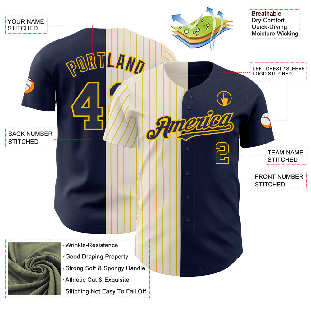Custom Navy Cream-Gold Pinstripe Authentic Split Fashion Baseball Jersey view 3