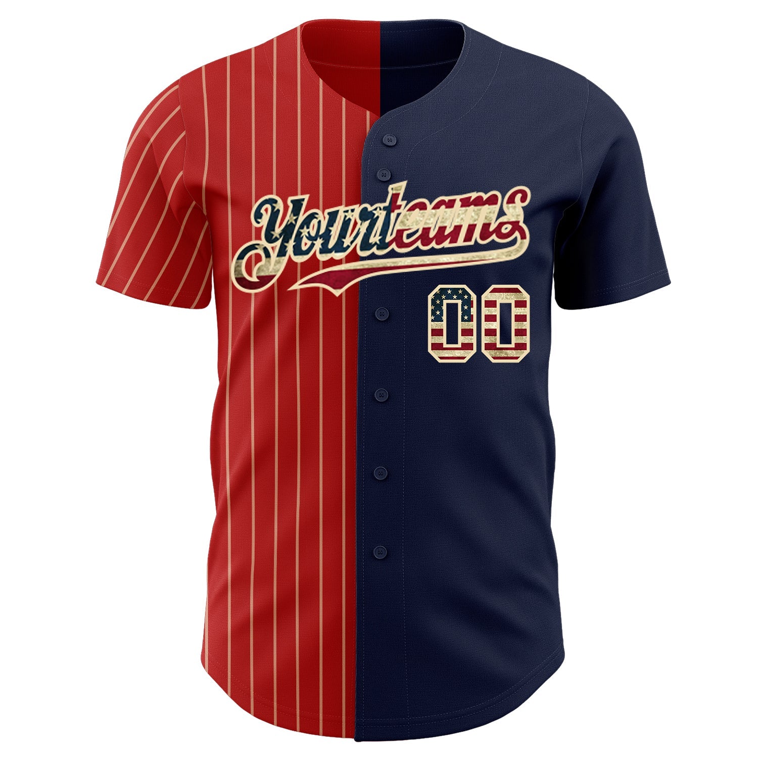 Custom Navy Vintage USA Flag Red-Cream Pinstripe Authentic Split Fashion Baseball Jersey view 2
