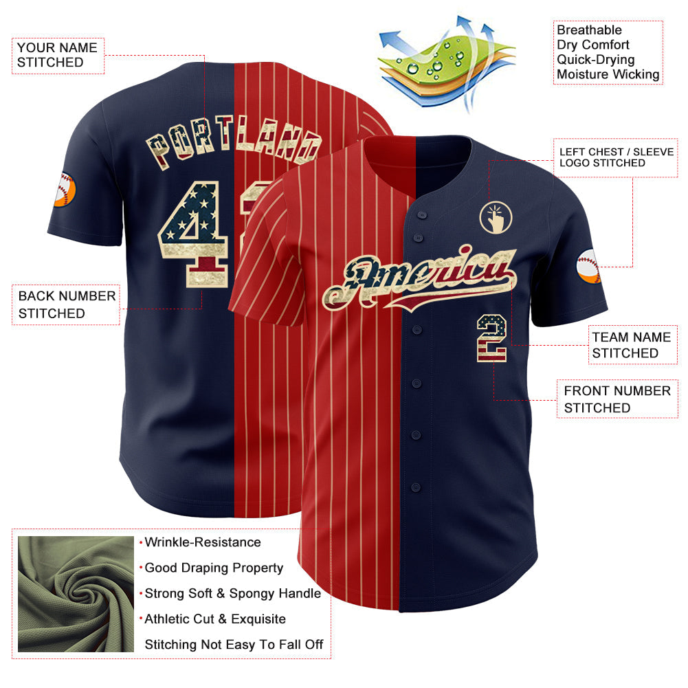 Custom Navy Vintage USA Flag Red-Cream Pinstripe Authentic Split Fashion Baseball Jersey view 3