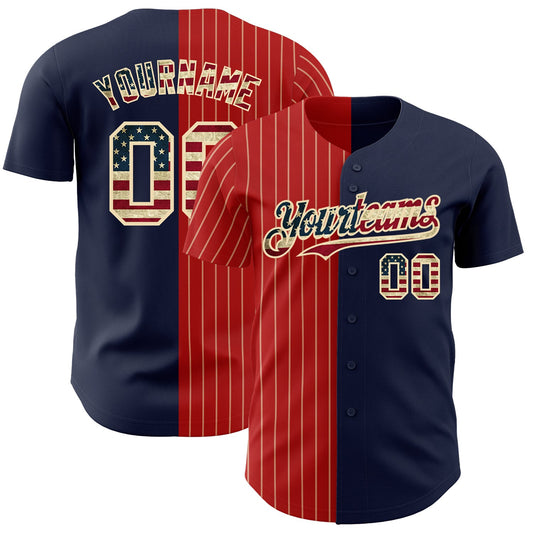 Custom Navy Vintage USA Flag Red-Cream Pinstripe Authentic Split Fashion Baseball Jersey - Main View