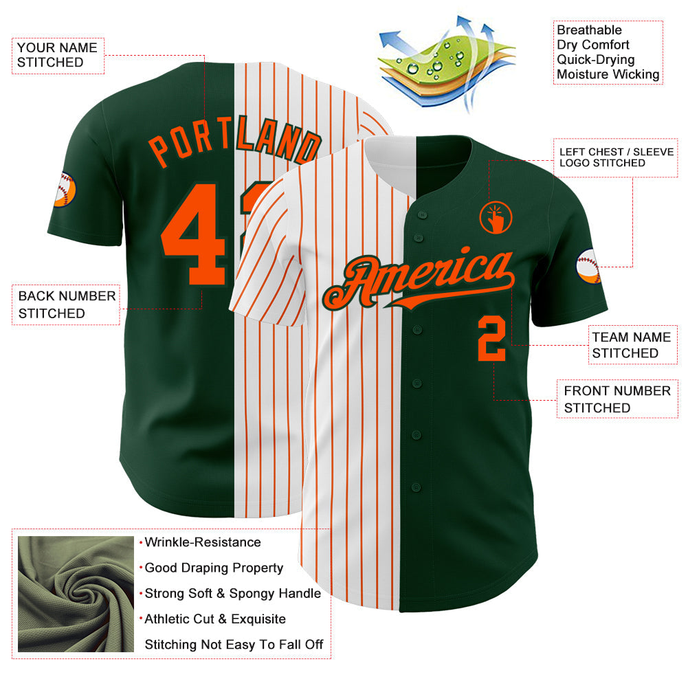 Custom Green White-Orange Pinstripe Authentic Split Fashion Baseball Jersey view 3