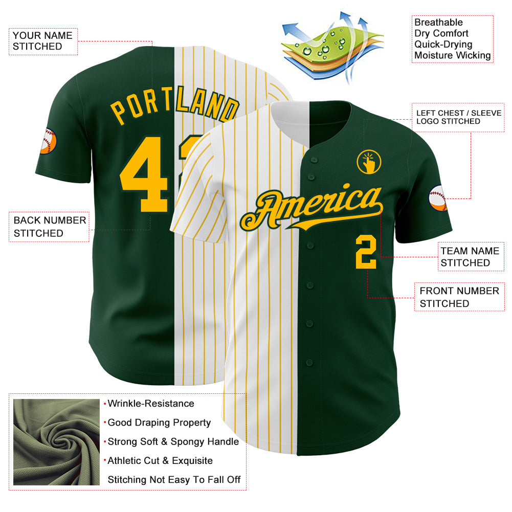 Custom Green White-Gold Pinstripe Authentic Split Fashion Baseball Jersey view 3