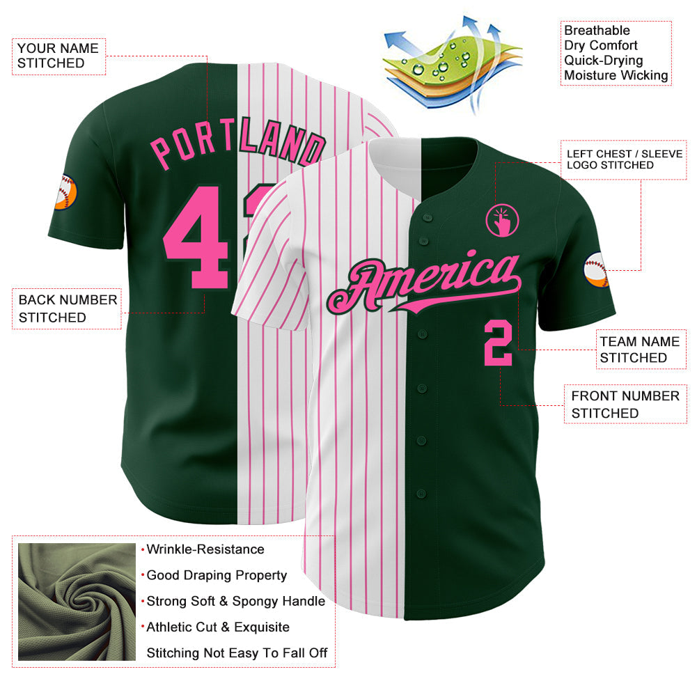 Custom Green White-Pink Pinstripe Authentic Split Fashion Baseball Jersey view 3