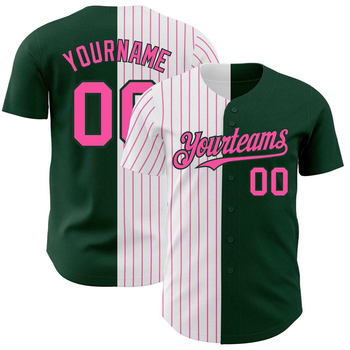 Custom Green White-Pink Pinstripe Authentic Split Fashion Baseball Jersey - Main View