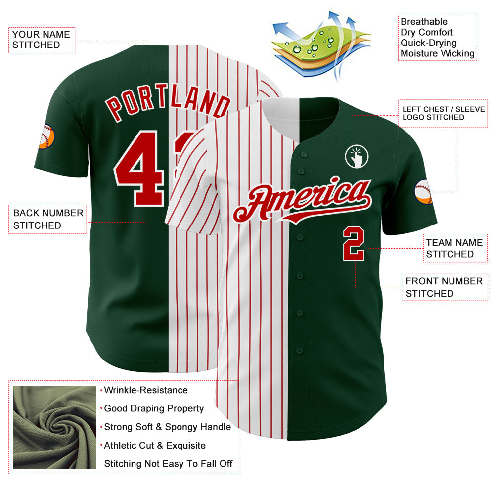 Custom Green White-Red Pinstripe Authentic Split Fashion Baseball Jersey view 3
