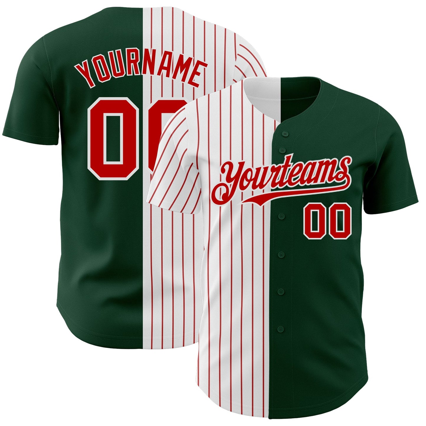 Custom Green White-Red Pinstripe Authentic Split Fashion Baseball Jersey - Main View