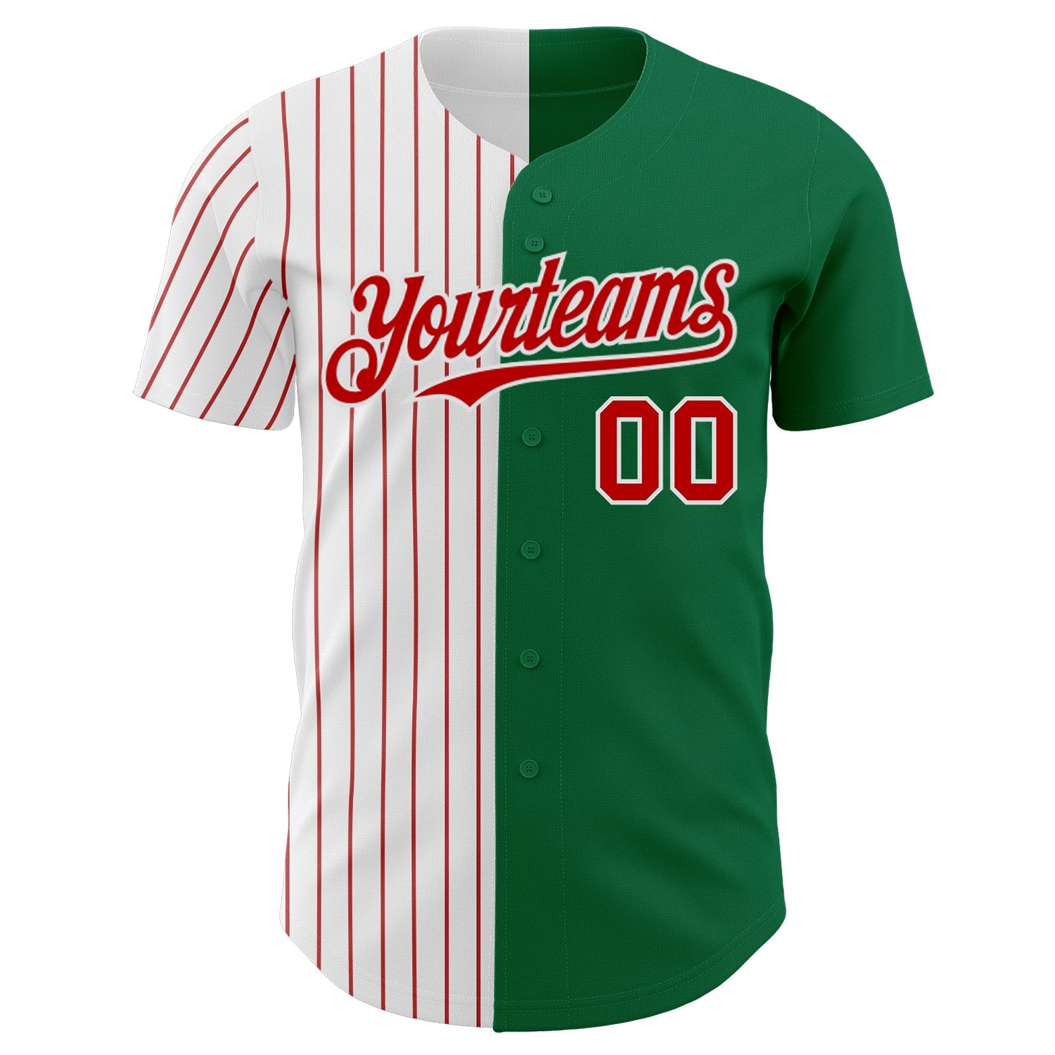Custom Kelly Green White-Red Pinstripe Authentic Split Fashion Baseball Jersey view 2