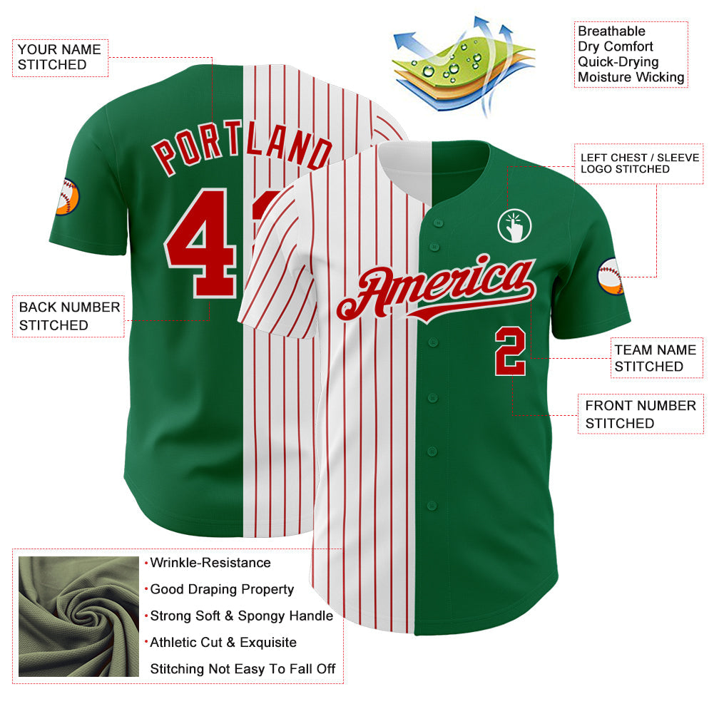 Custom Kelly Green White-Red Pinstripe Authentic Split Fashion Baseball Jersey view 3