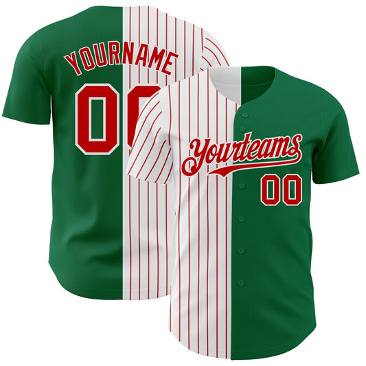 Custom Kelly Green White-Red Pinstripe Authentic Split Fashion Baseball Jersey - Main View