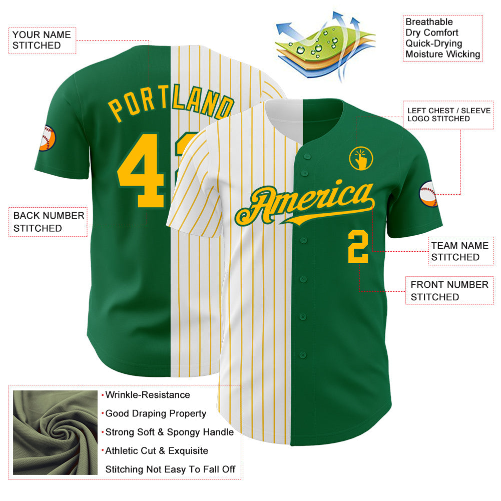 Custom Kelly Green White-Gold Pinstripe Authentic Split Fashion Baseball Jersey view 3