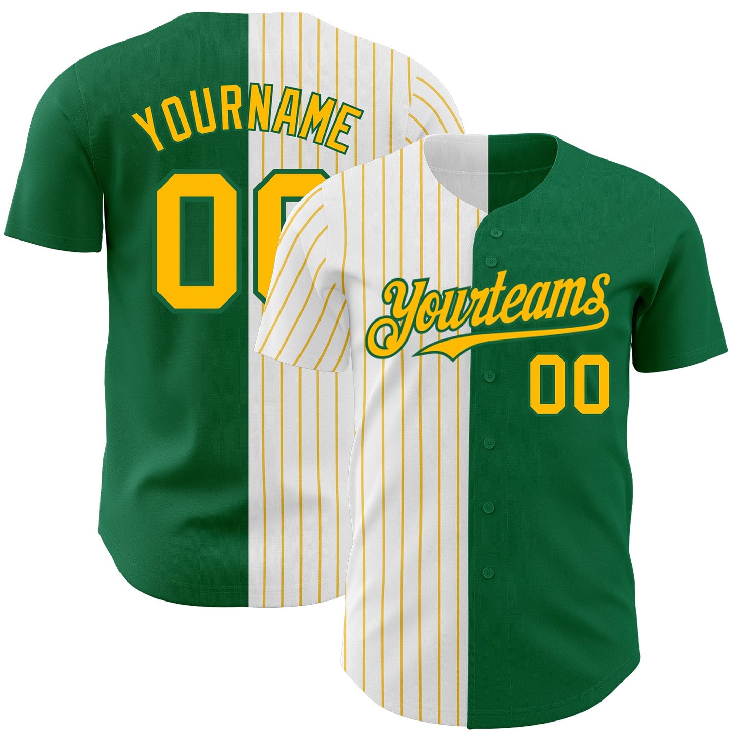 Custom Kelly Green White-Gold Pinstripe Authentic Split Fashion Baseball Jersey - Main View
