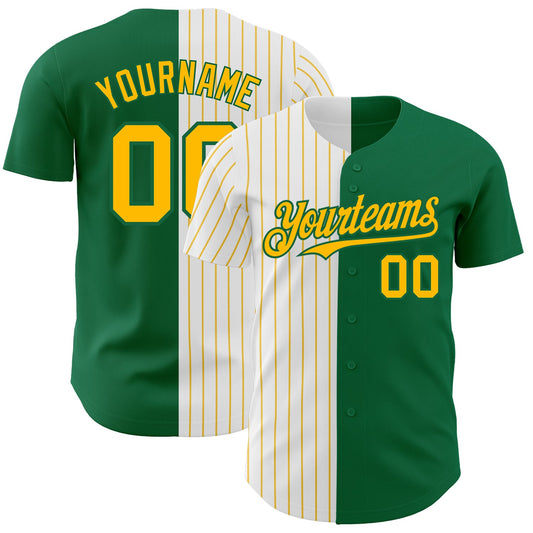 Custom Kelly Green White-Gold Pinstripe Authentic Split Fashion Baseball Jersey - Main View